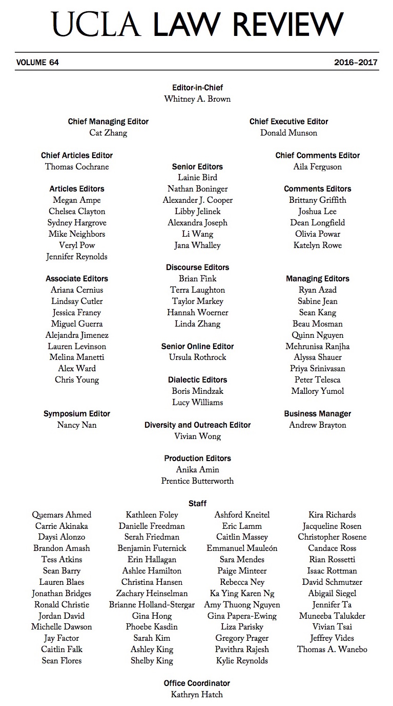 64mastheadupdated20161010 UCLA Law Review