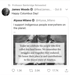 Retweeting "Happy Columbus Day" in response to Alyssa Milanos <abbr>IPD</abbr> post